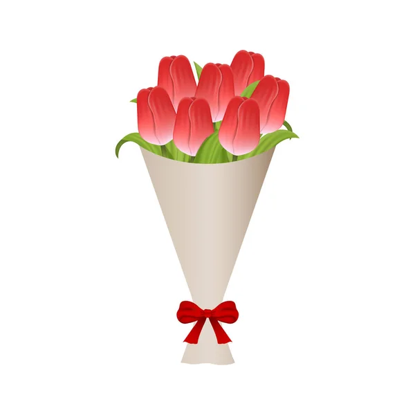 Ramo Tulipanes Rojos Papel Con Arco Rojo Ramo Flores Regalo — Vector de stock