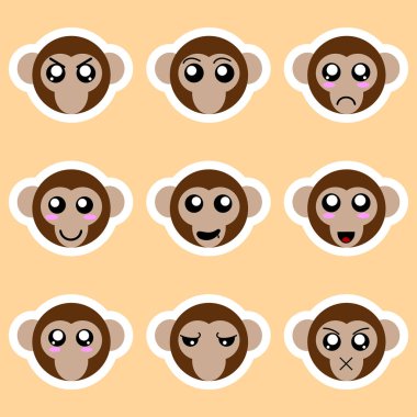 Maymun çıkartmaları kümesi. Farklı duyguları, ifadeleri. Etiket anime tarzı. Vektör çizim tasarımınız için.