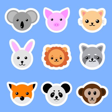 Hayvanlar çıkartmaları kümesi. Kedi, tavşan, domuz, aslan, Panda, Fox. Vektör toplama komik hayvanlar.
