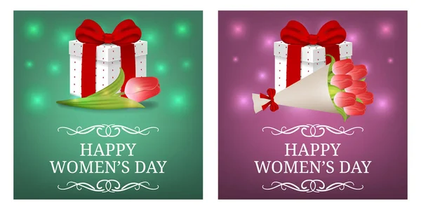Women Day Party Invitations Greeting Cards Gift Box Bouquet Tulips — Stock Vector