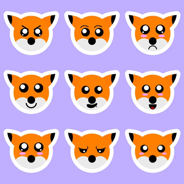 Set Van Fox Stickers Verschillende Emoties Expressies Sticker Anime Stijl — Stockvector