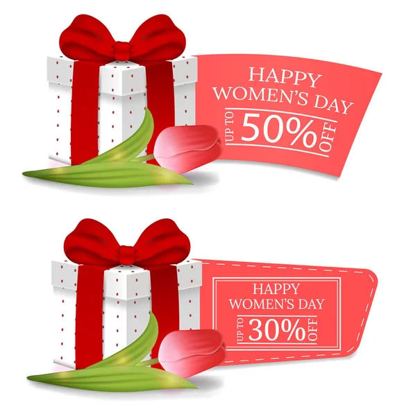 Women Day Discount Banners Gift Box Tulip Gift Box Red — Stock Vector