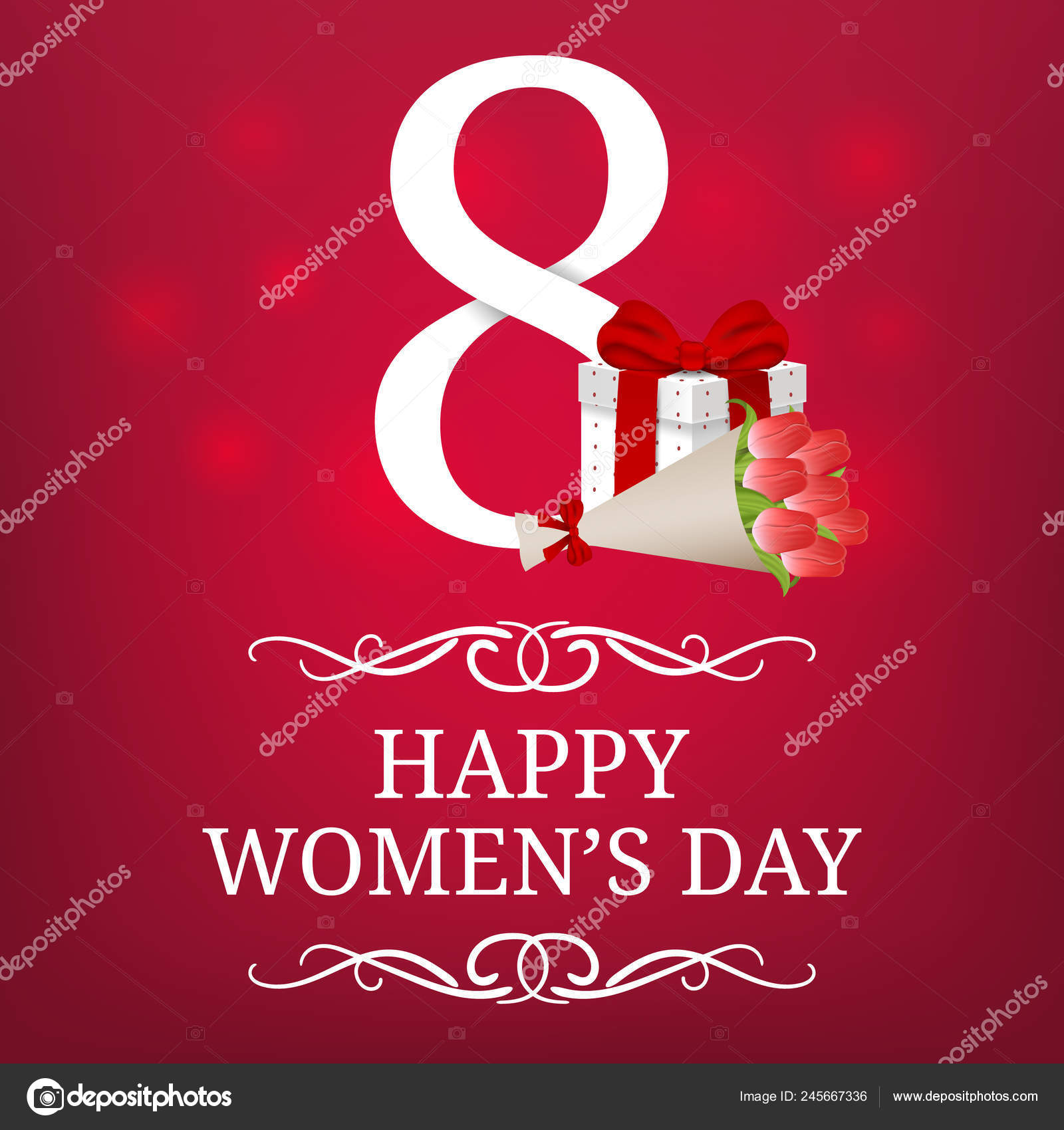 ギフトやチューリップの花束を持つ女性の日カード グリーティング