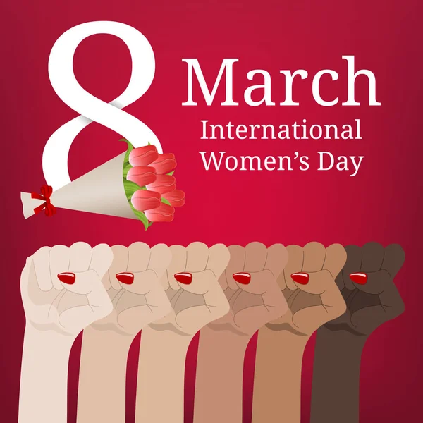 Hari Wanita Internasional Women March Multinational Equality Tangan Wanita Dengan - Stok Vektor