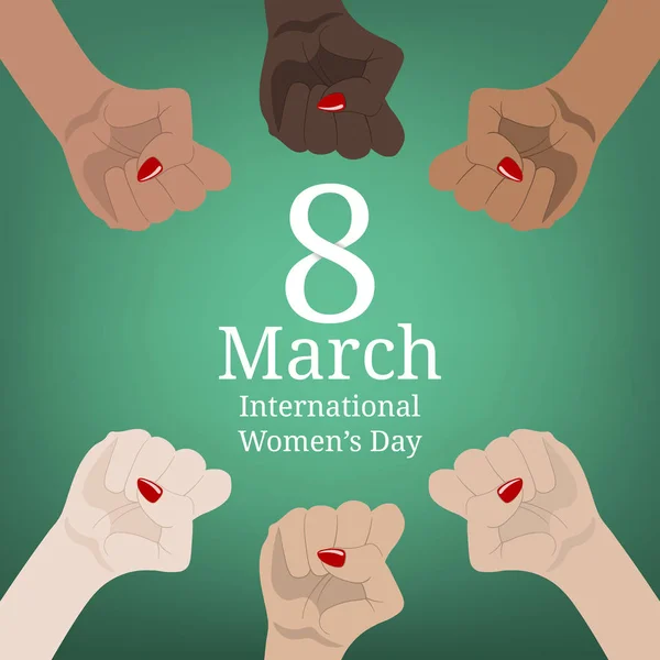 International Women Day Banner Women March Multinational Equality Female Hand — Stock Vector