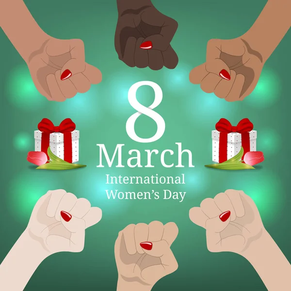 International Women Day Banner Women March Multinational Equality Female Hand — Stock Vector
