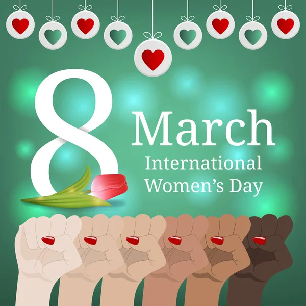 Felicitări Ziua Internațională Femeii Banner Marşul Femeilor Egalitate Multinațională Femeie — Vector de stoc