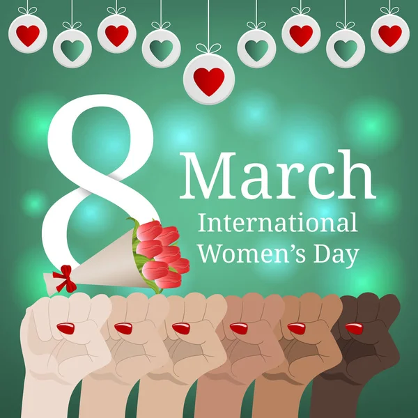 Felicitări Ziua Internațională Femeii Banner Marşul Femeilor Egalitate Multinațională Femeie — Vector de stoc