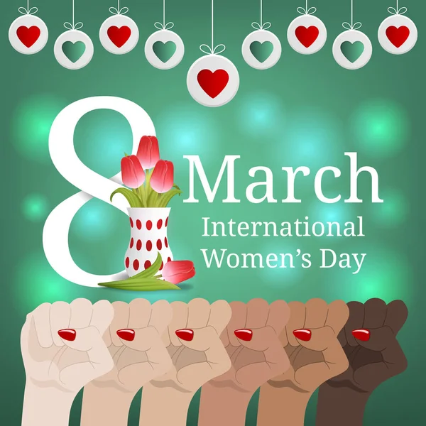 International Women Day Greeting Card Banner Women March Multinational Equality — Stock Vector