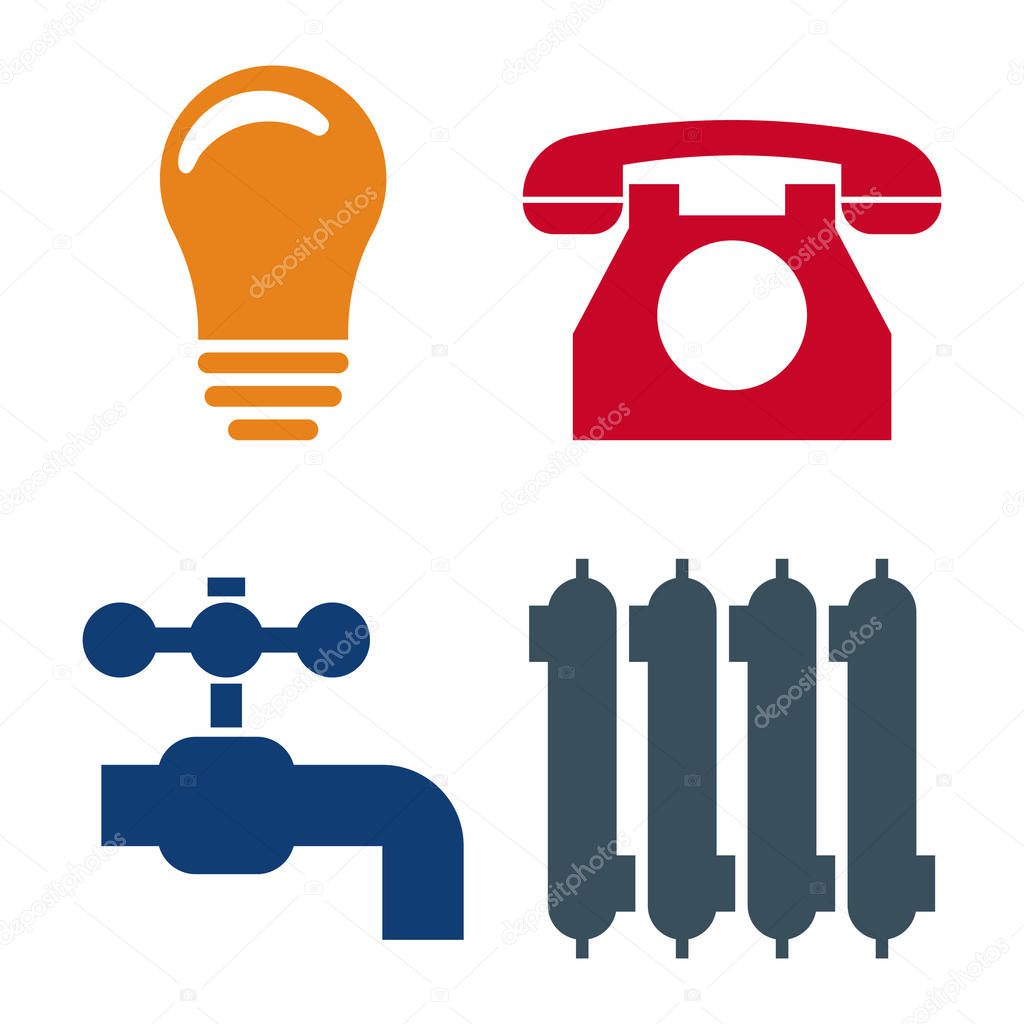 Set of 4 Utilities Icons. Symbols of Power, Water, Gas, Heating. Vector illustration for Your Design