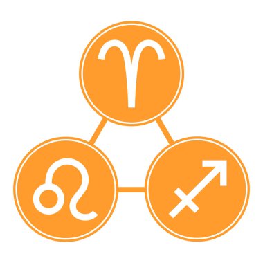 Koç, yay, Leo simgeler. Vektör Astroloji, Astroloji işaretler. Zodyak simgeleri. Yangın öğesi. Çıkartmalar. Beyaz arka plan üzerinde izole vektör çizim.
