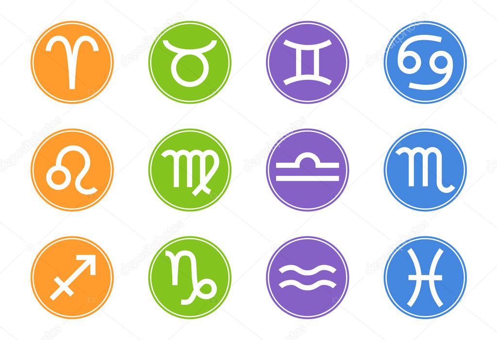 Set of Zodiac Signs Icons. Zodiac Element. Horoscope signs: Leo, Virgo, Scorpio, Libra, Aquarius, Sagittarius, Pisces, Capricorn, Taurus, Aries, Gemini, Cancer. Vector illustration for Your Design.