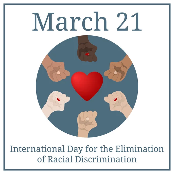 Internationale dag voor de uitbanning van rassendiscriminatie. 21 maart. Maart Holiday Calendar. Iemands handen met andere huidskleur samen. Race gelijkheid, diversiteit, tolerantie. Vector. — Stockvector
