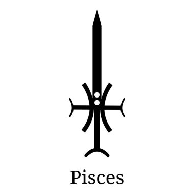 Balık kılıç simgesi. Burçlara silah siluet. 12 Zodiac silahlarından biri. Vektör Astroloji, Astroloji işareti. Zodyak sembolü. Beyaz arka plan üzerinde izole vektör çizim.