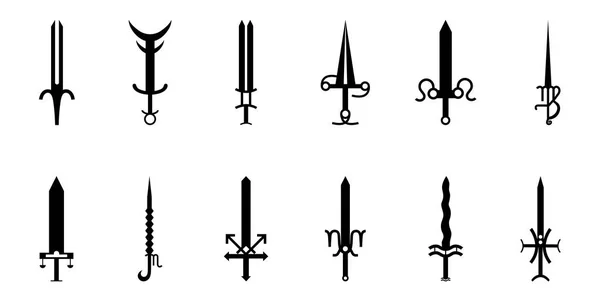 Állítsa be a 12 Csillagjegy kard ikon. Állatövi fegyver gyűjtemény: Kos, Taurus, Gemini, rák, Leo, Virgo, Libra, Scorpio, Nyilas, Bak, Vízöntő, halak. A design vektor illusztráció. — Stock Vector