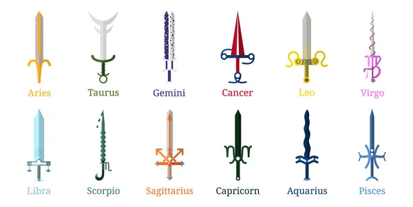 12 Zodiac kılıç kümesi. Burçlara silah koleksiyonu: Koç, boğa, İkizler, kanser, aslan, Başak, Terazi, Akrep, yay, Oğlak, kova, balık. Vektör çizim Your tasarımı için.