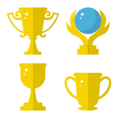 Vektör kazanan Trophy Kupası simgeleri seti. Beyaz arka planda izole edilmiş düz altın kupa sembolü. Tasarım, Web için vektör Illustration.