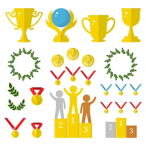 Vector Collection of Sport Awards.Flat Icons of Trophies, Medals, Pedestal, Laure Frames, Coins. First, Second, Third Places. Humans on Podium. Vector illustration for Your Design, Web. — Stock Vector