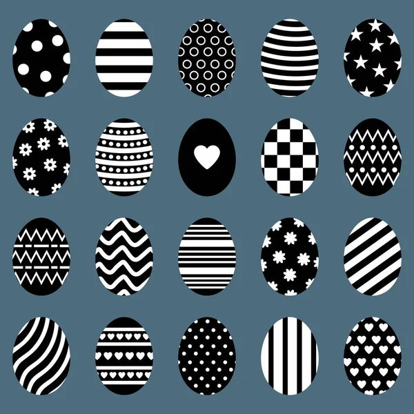 Conjunto de ovos de Páscoa. Silhuetas de ovos diferentes com listras, pontos, corações e padrões. Para cartões, convites. Ilustração vetorial . — Vetor de Stock