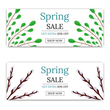 Bahar satış indirim. El ilanı ya da broşür yeşil dallar ve Willow Twigs ile. Vektör çizim Your Tasarım, Web, baskı için.