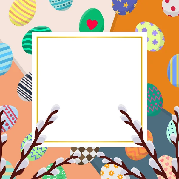 Modelo de cartão de Páscoa com ovos coloridos no fundo de sobreposição. Modelo de saudação ou convite com espaço para texto. Ilustração vetorial para seu projeto, Web, imprimir . —  Vetores de Stock