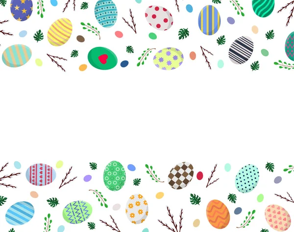 Modello di cartolina pasquale con uova di Pasqua, rami di salice, foglie di Monstera. Per il saluto o l'invito. Illustrazione vettoriale per il vostro disegno, Web . — Vettoriale Stock