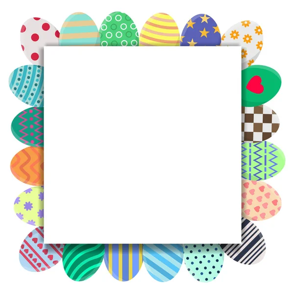 Шаблон пасхальной открытки с разноцветными яйцами в форме венка. Шаблон приветствия или приглашения с пробелами для текста. Векторная иллюстрация к Вашему дизайну, Web, Print . — стоковый вектор