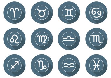 Zodiac Signs simgeleri kümesi. Burç işaretler: koç, Toros, Ikizler, kanser, Leo, Başak, Terazi, akrep, yay, Oğlak, kova, balık. Düz stil. Tasarım, Web için vektör Illustration.