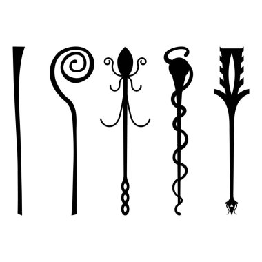 Siyah Silhouette personel simgeleri beyaz arka planda izole kümesi. Magic Wand, Scepter, Stick, Rod. Tasarım, oyun, kart, Web için vektör Illustration.