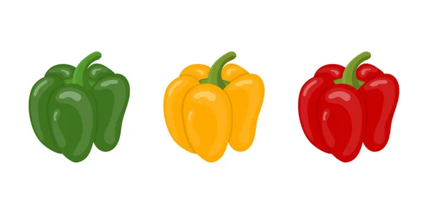Peperoncino fresco Verdure isolate su fondo bianco. Icone di peperoncino verde, giallo, rosso per il mercato, design delle ricette. Stile piatto del fumetto. Illustrazione vettoriale per il vostro disegno, Web . — Vettoriale Stock