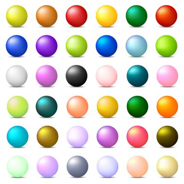 36 koleksiyonu beyaz arka planda izole renkli gerçekçi küreler. Parlak parlak topları. 3D renkli toplar ve küreler. Vektör Illustration Your tasarım, Web.
