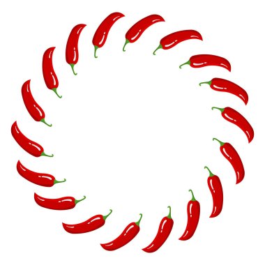 Kırmızı Chilli biber çelenk. Beyaz arka planda izole taze sebzeler. Market, reçete tasarımı için biber daire çerçevesi. Karikatür düz stil. Tasarım, Web için vektör Illustration.