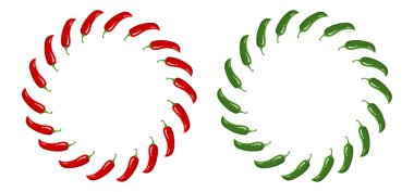 Kırmızı ve yeşil biberli biber çelenk. Beyaz arka planda izole taze sebzeler. Market, reçete tasarımı için biber daire çerçevesi. Karikatür düz stil. Tasarım, Web için vektör Illustration.