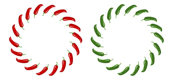 Couronne de piment rouge et vert. Légumes frais isolés sur fond blanc. Cadre de cercle de Pepper pour le marché, conception de recette. Cartoon style plat. Illustration vectorielle pour votre conception, Web . — Image vectorielle