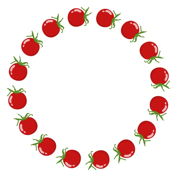 Věnec z rajčat s prostorem pro text. Čerstvá červená rajčatová zelenina izolovaná na bílém pozadí. Pro trh, recept na receptury. Biopotravin. Kreslený styl. Vektorová ilustrace pro návrh, Web. — Stockový vektor