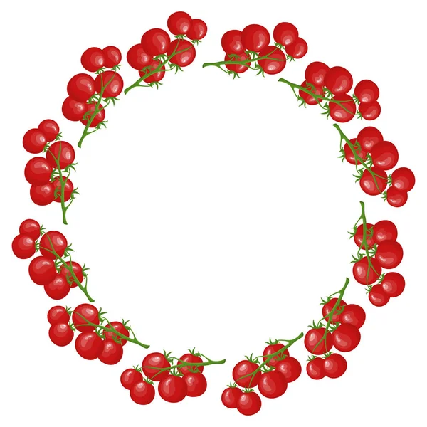 Krans från tomater med utrymme för text. RAW RIPE red cherry tomat Branch vegetabilisk isolerad på vit bakgrund. Ekologisk mat. Tecknad stil. Vektor illustration för din design, webb. — Stock vektor