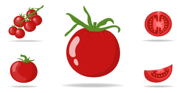 Set frischer roter Tomaten isoliert auf weißem Hintergrund. Zweig, ganze, halbe und in Scheiben geschnittene Tomatensymbole für den Markt, Rezeptgestaltung. Bio-Lebensmittel. Cartoon-Stil. Vektor-Illustration für Design, Web. — Stockvektor