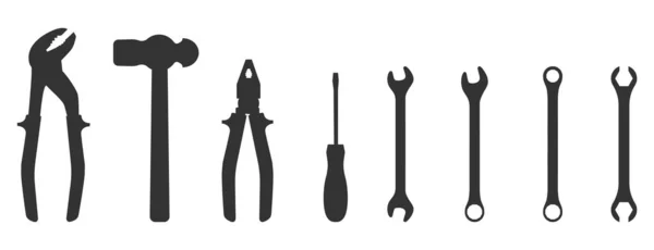 Set di icone silhouette di strumenti. Chiave, cacciavite, pinze, martello. Workshop, meccanico, modello di logo del servizio di riparazione. Illustrazione vettoriale pulita e moderna . — Vettoriale Stock