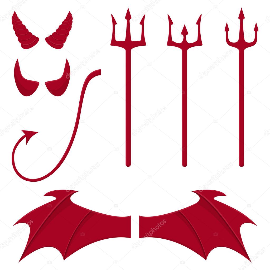 Set of devil elements isolated on white background. Red horns, tridents, wings, tail. Clean and modern vector illustration for design, web.