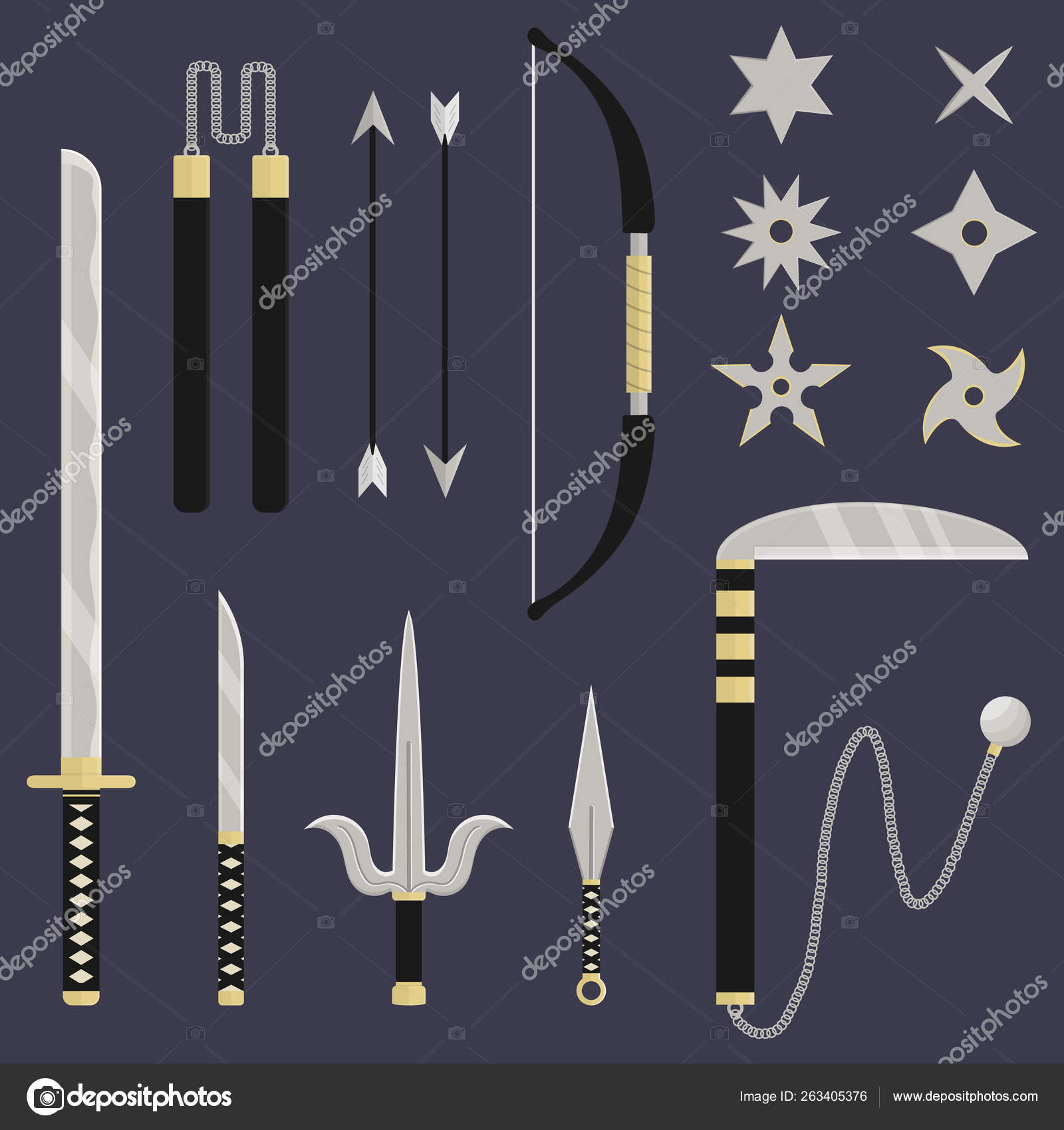 Ninja Weapon Set Katana Sai Kunai Nunchacku Shuriken Kusarigama Bow Stock Vector Image By C Alody