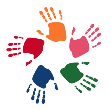 Renkli insan avuç içi. Çocukların el izi. Logo şablonu. Takım, dostluk, birlik, destek, aile sembolü. Tasarım için temiz ve modern vektör illüstrasyon, web.