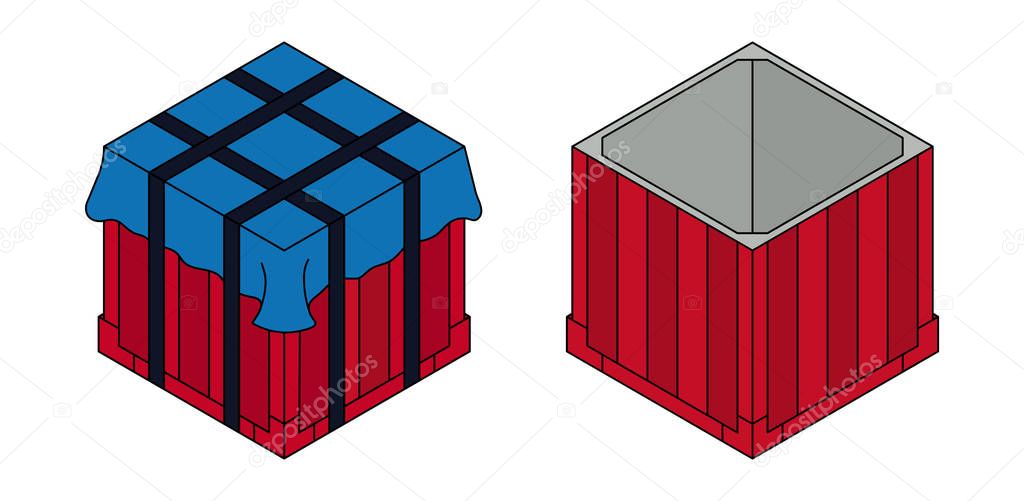 Air drop box from the game PlayerUnknown's Battlegrounds. Closed and open box. PUBG. Isometric container. Battle royal concept. Clean and modern vector illustration for design, web.