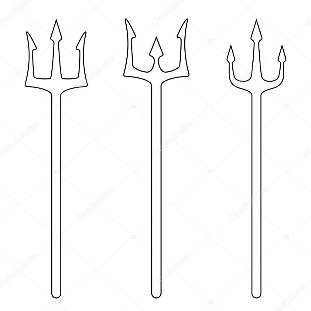 Set of outline tridents isolated on white background. Devil, neptune trident. Line style. Clean and modern vector illustration for design, web.