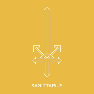 Yay burcu. Zodyak silah kılıç Çizgi tarzı simgesi. 12 zodyak silahından biri. Astrolojik, burç işareti. Tasarım için temiz ve modern vektör illüstrasyon, web.