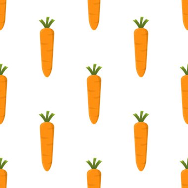 Taze havuç sebze ile dikişsiz desen. Organik gıda. Çizgi film tarzı. Tasarım, web, ambalaj kağıdı, kumaş, duvar kağıdı için vektör illüstrasyon.