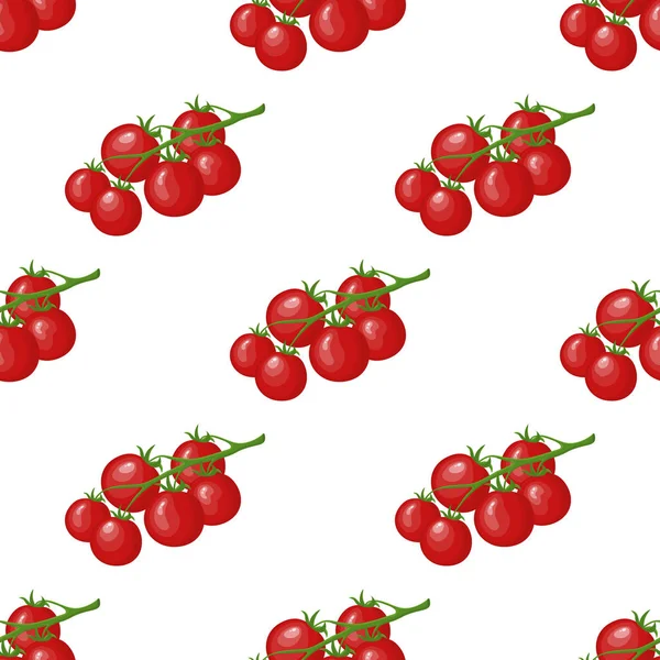 Padrão sem costura com vegetais de tomate vermelho fresco. Ramo de cereja de tomate. Comida orgânica. Estilo dos desenhos animados. Ilustração vetorial para design, teia, papel de embrulho, tecido, papel de parede . — Vetor de Stock