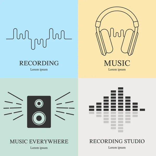 Müzik logoları şablonları kümesi. Stüdyo etiketlerini kaydediyor. Örnek metinli radyo rozetleri. Tasarım için vektör illüstrasyon, web.