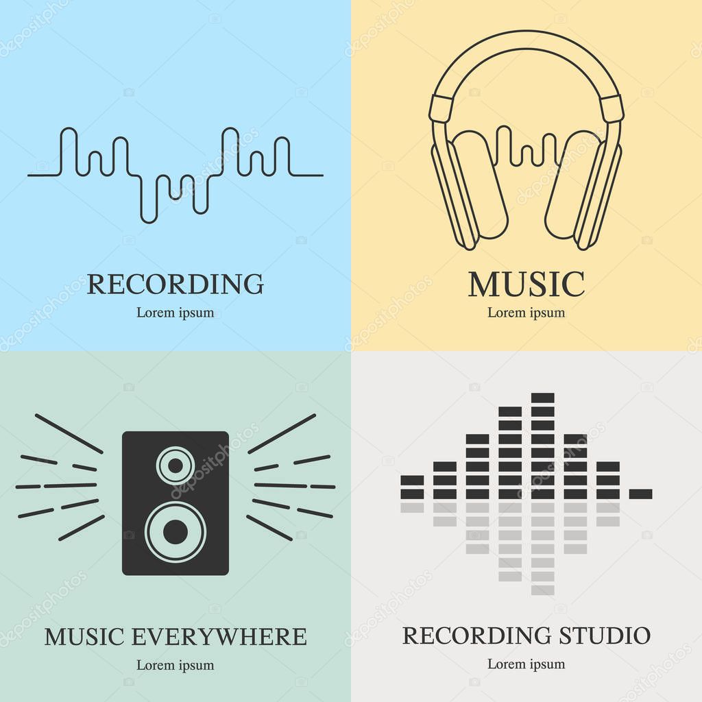Set of music logos templates. Recording studio labels. Radio badges with sample text. Vector illustration for design, web.