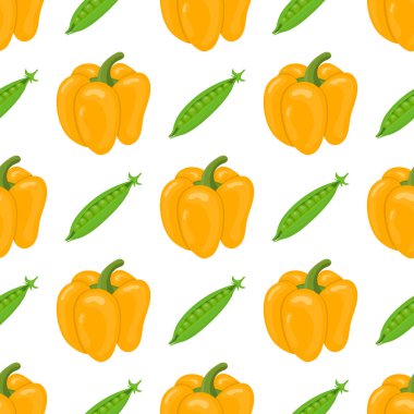 Taze biber ve bezelye sebze ile dikişsiz desen. Organik gıda. Çizgi film tarzı. Tasarım, web, ambalaj kağıdı, kumaş, duvar kağıdı için vektör illüstrasyon.