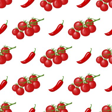 Kiraz domates ve biber sebze ile Dikişsiz desen. Organik gıda. Çizgi film tarzı. Tasarım, web, ambalaj kağıdı, kumaş, duvar kağıdı için vektör illüstrasyon.